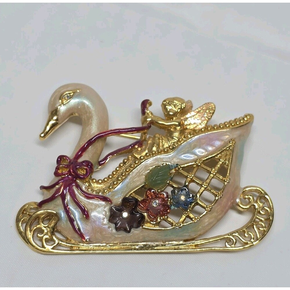 Kirks Folly Swan Princess Sleigh Angel Cherub Goldtone Enamel Brooch Pin Vintage